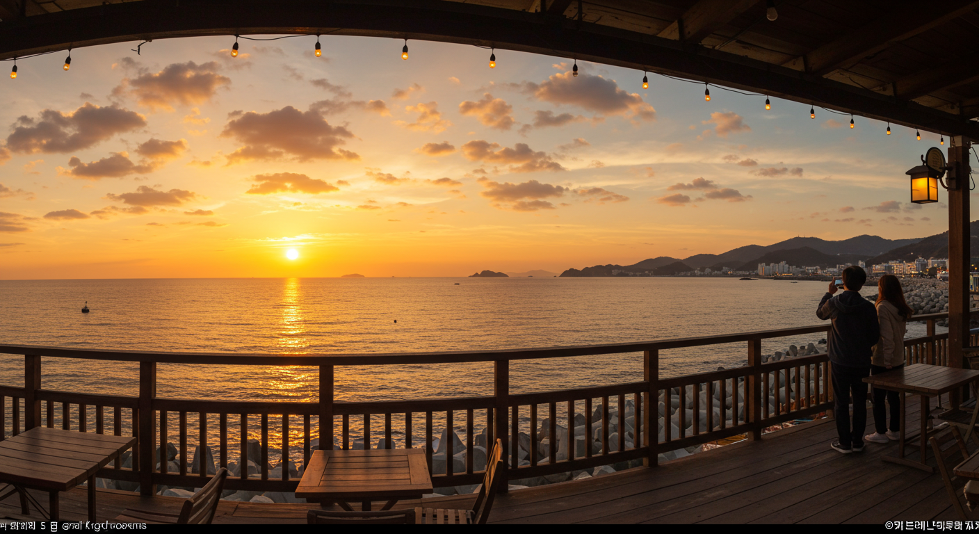 강원도 동해안 바다뷰 카페 테라스에서 한국인 커플이 노을을 배경으로 사진 찍는 모습
