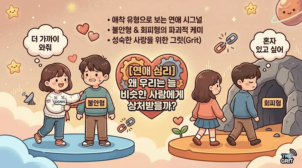"[연애 심리] 왜 우리는 늘 비슷한 사람에게 상처받을까?: 다가서려는 불안형 캐릭터와 동굴로 숨으려는 회피형 캐릭터의 심리적 갈등을 묘사한 '더 그릿' 블로그 썸네일"