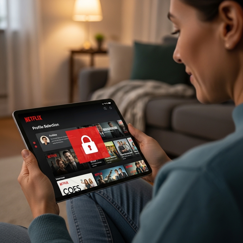 넷플릭스 프로필에 잠금 아이콘이 표시된 태블릿을 들고 있는 사람의 이미지로, 안전한 계정 관리를 상징합니다.