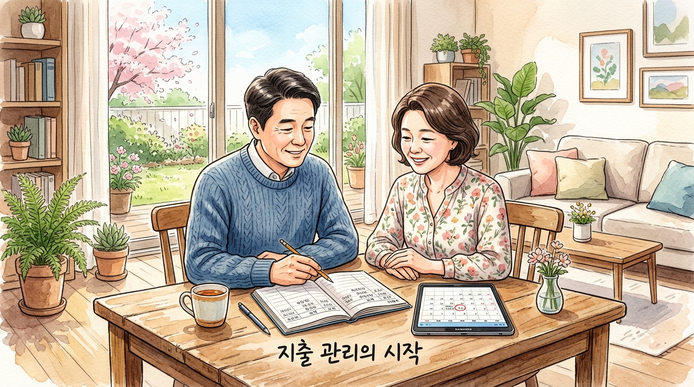 달력 14일에 카드 결재일을 표시해두고 가계부를 다정하게 미소지으며 정리하고 있는 부부의 모습.