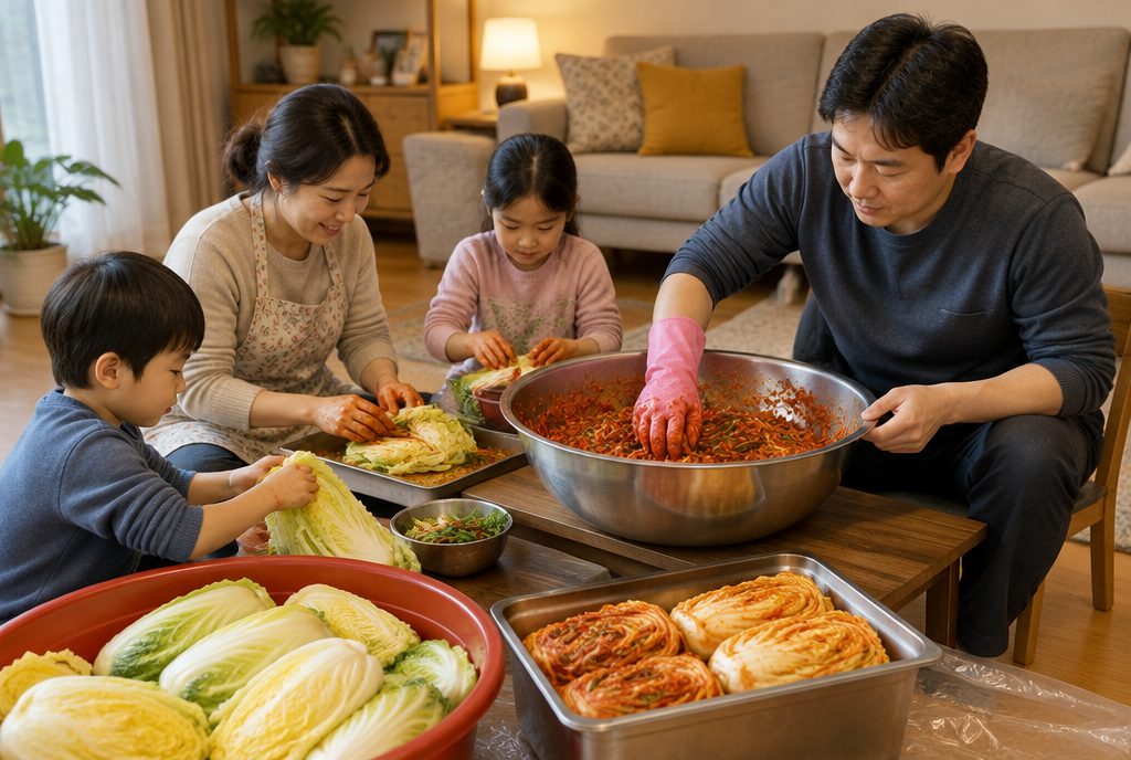 김장철 앉아서 양념을 버무리는 편마비 아빠
