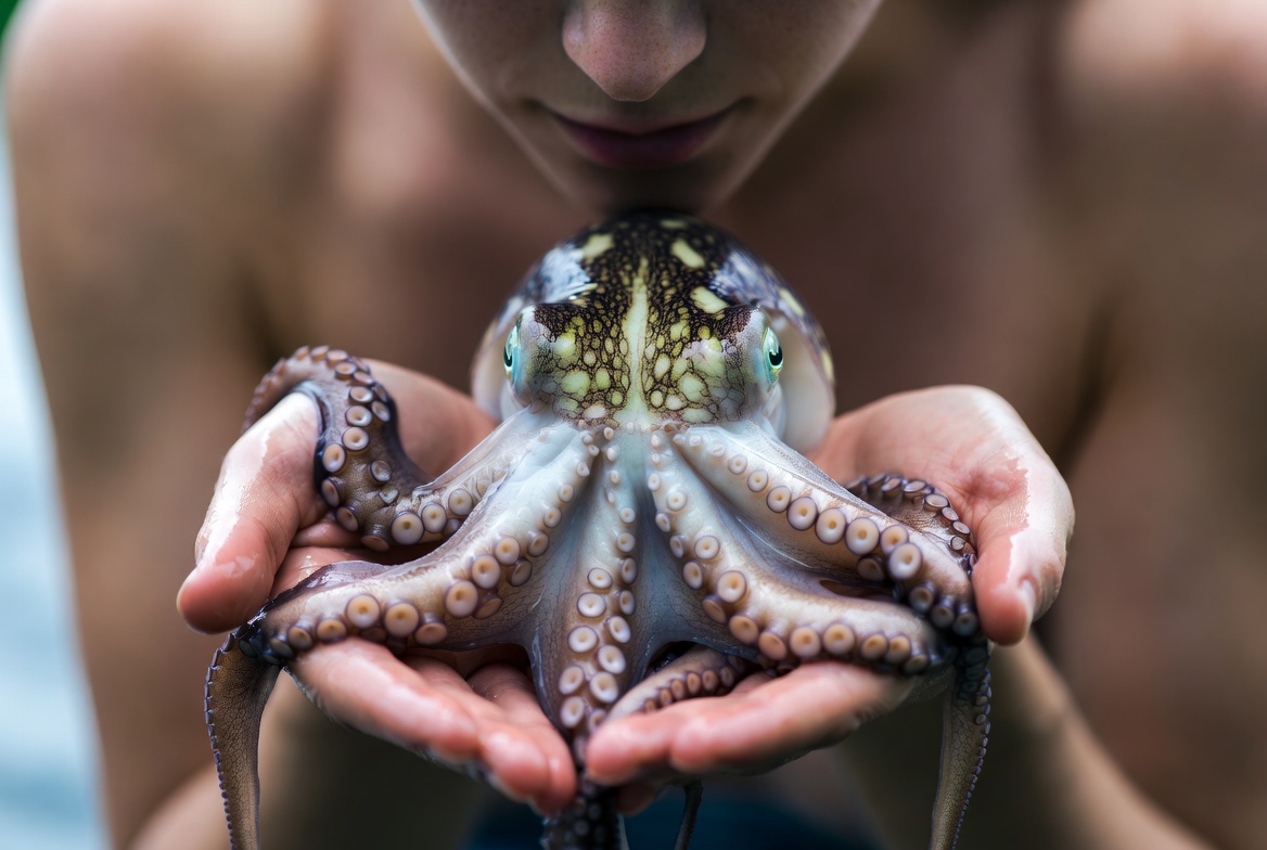 문어를 손으로 잡고 있는 여성의 모습 ai 이미지