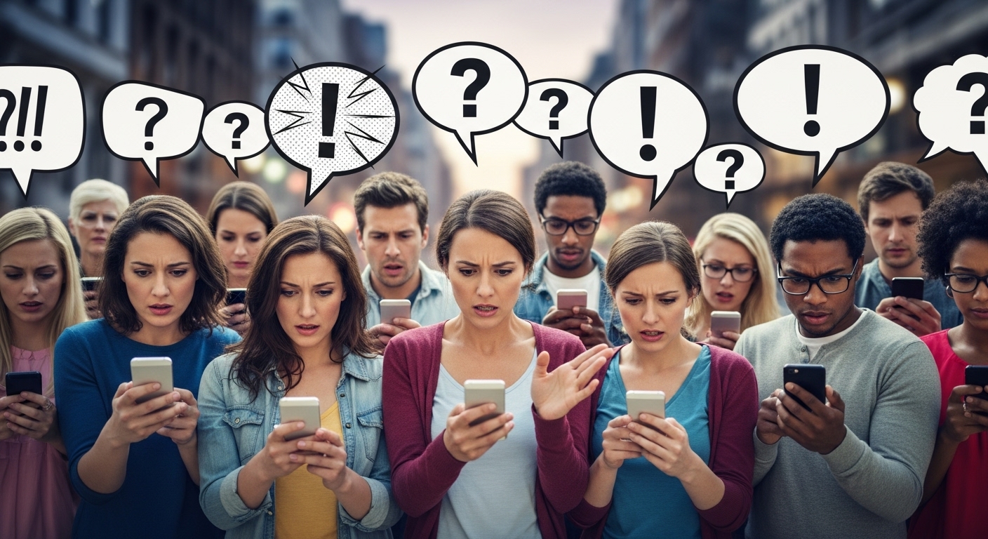 스마트폰을 보며 당황하거나 불평하는 다양한 사람들, 사용자 불만과 여론을 상징