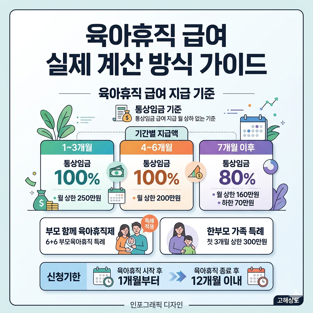 육아휴직 실제 계산 방식|통상임금 기준 급여 계산법 인포그래픽