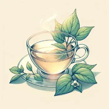 어성초 이파리가 찻잔 받침에 떨어져 있고 그 찻잔 위에 올려져 있는 투명한 유리잔에 담긴 어성초 차.