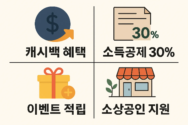 대구사랑카드 사용 시 받을 수 있는 캐시백 혜택, 소득공제 30%, 이벤트 적립, 소상공인 지원 내용을 설명한 혜택 인포그래픽.