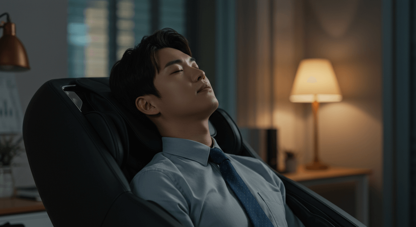 브라운 컬러 안마의자에서 어깨 마사지를 받으며 만족스러운 표정을 짓는 직장인 3