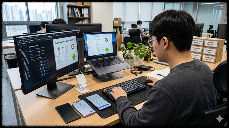 스마트폰 초기화 전에 데이터를 확인하는 모습