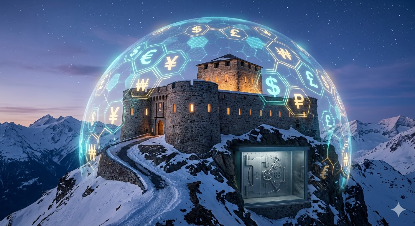 Ancient yet advanced stone fortress built into a rugged Swiss Alpine peak glows within a massive transparent holographic dome shield. The shield itself is composed of interwoven glowing hexagonal patterns and global currency symbols ($, €, ¥, £, ₩) forming a data stream, symbolizing sovereign asset defense against monetary debasement. A secure gold vault door with intricate Swiss markings is partially visible through a thick protective glass panel within the fortress base. Snow covers the steep mountain path leading to the entrance. Twilight sky with distant stars and mountain peaks. Cinematic lighting, deep shadows, sparkling highlights. No literal text or labels. 8k resolution, impeccable detail, soft depth of field.