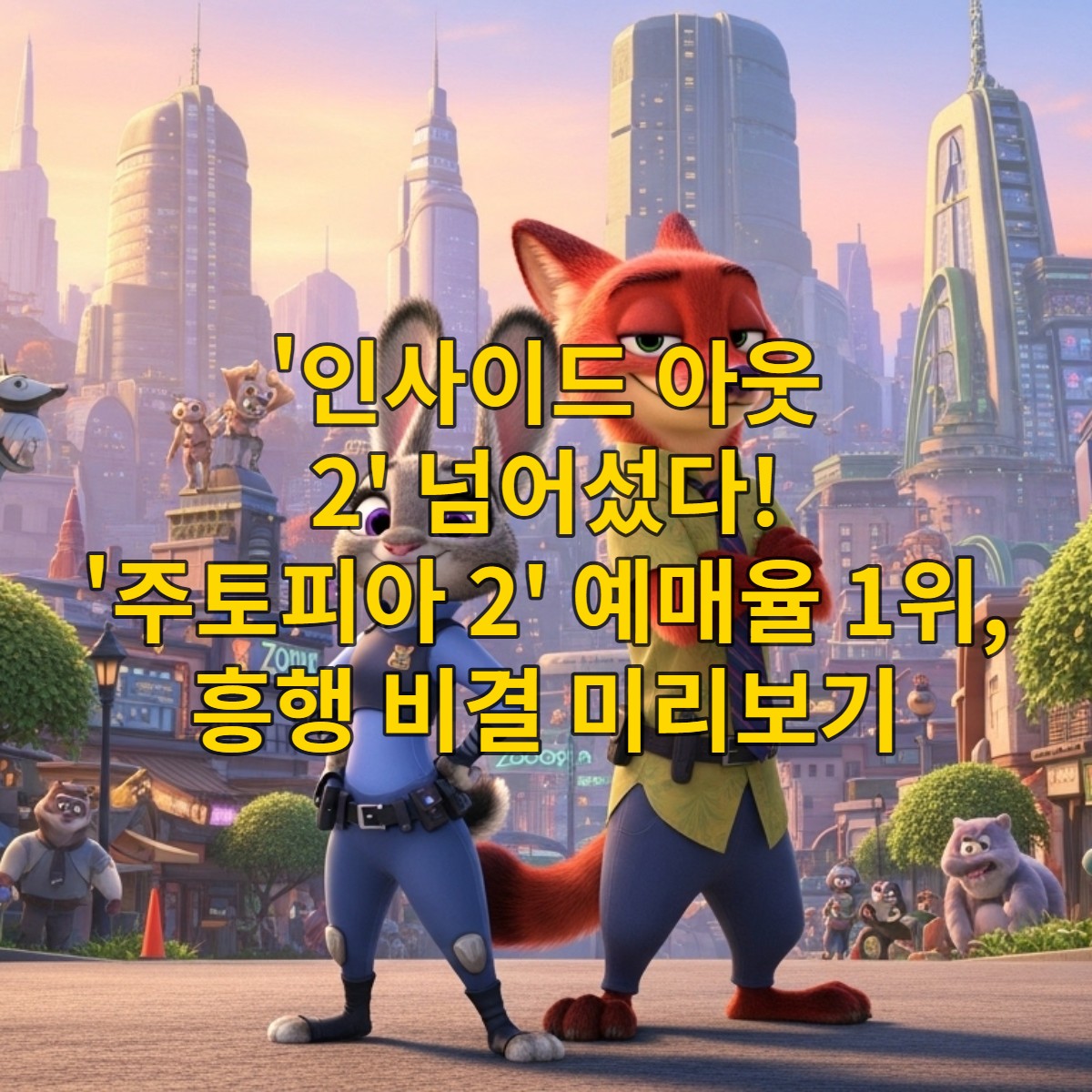 활기찬 주토피아 도시를 배경으로 당당하게 서 있는 주디 홉스와 닉 와일드. 주디는 경찰 제복을 입고 결의에 찬 표정이며, 닉은 장난기 어린 미소를 짓고 있다. 다양한 동물들이 북적이는 미래 도시의 모습이 겨울 개봉작의 활기찬 분위기를 더한다.