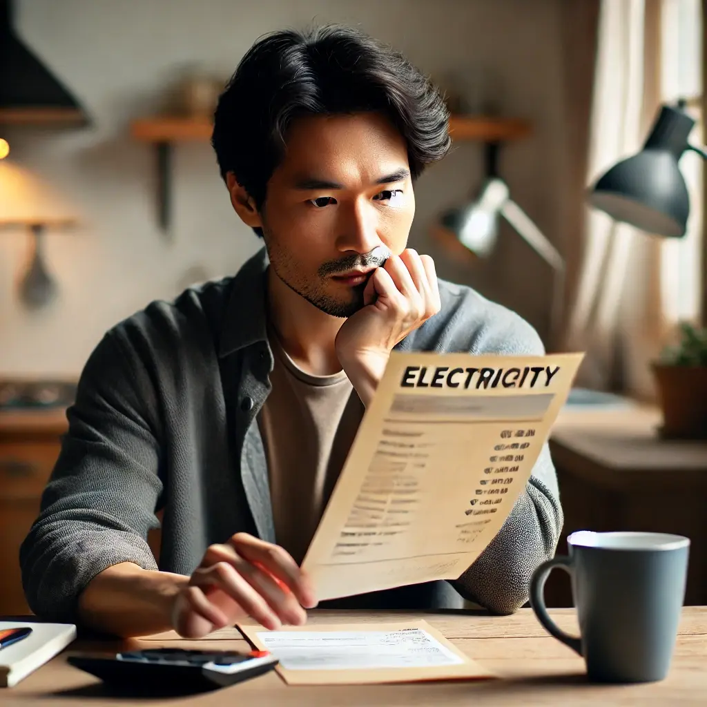 전기요금 고지서를 보며 복지할인 혜택을 고민하는 동양인 성인의 모습
