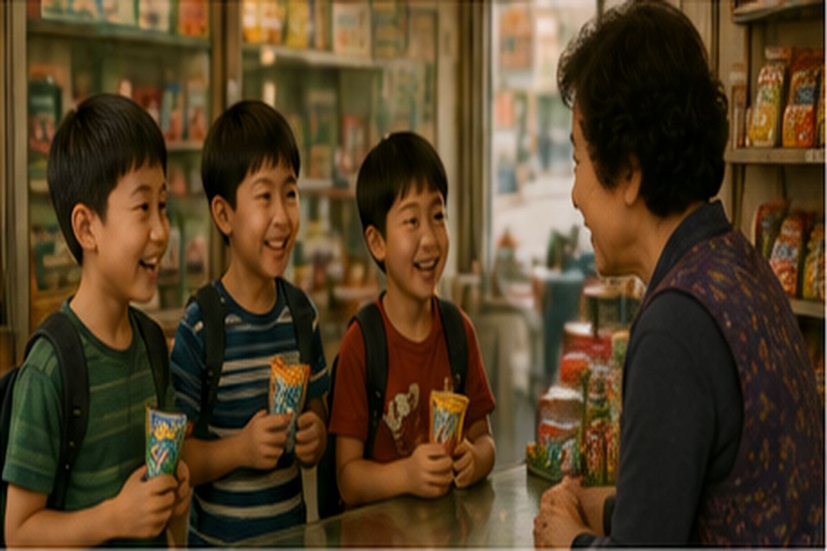 가방을 멘 세 아이가 과자를 들고 동네 슈퍼 주인과 웃으며 이야기하는 모습