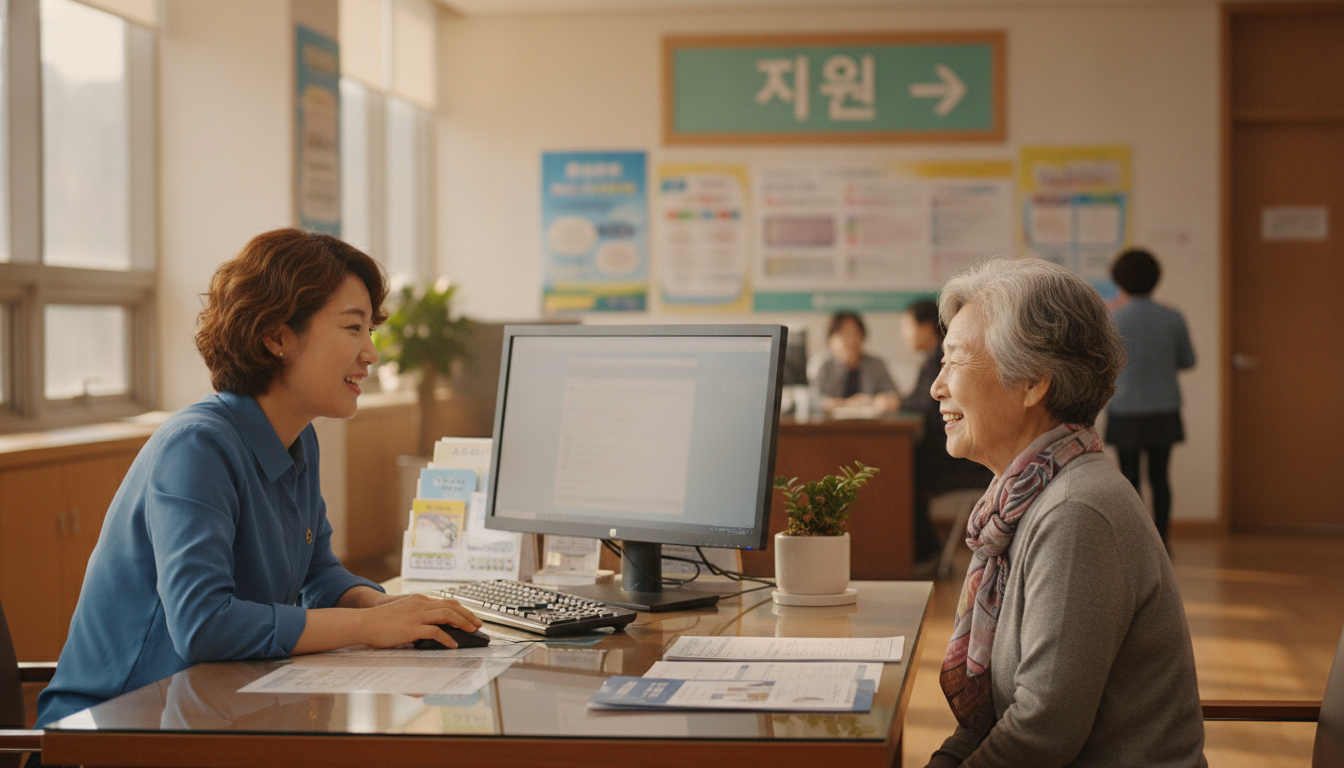 행정복지센터에서 에너지바우처 신청 상담을 받는 어르신과 공무원