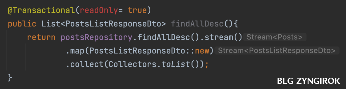 transactional-어노테이션의-속성-중-readonly가-오류를-일으키며-빨간글씨로-나타나있다.