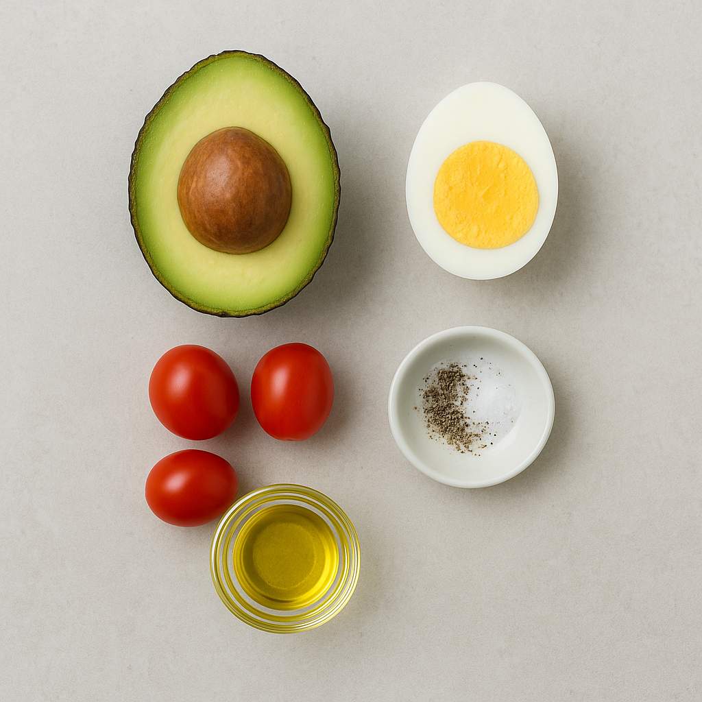 재료:아보카도 1/2개, 삶은 계란 1개, 방울토마토 3개, 올리브오일 1작은술, 소금 약간, 후추