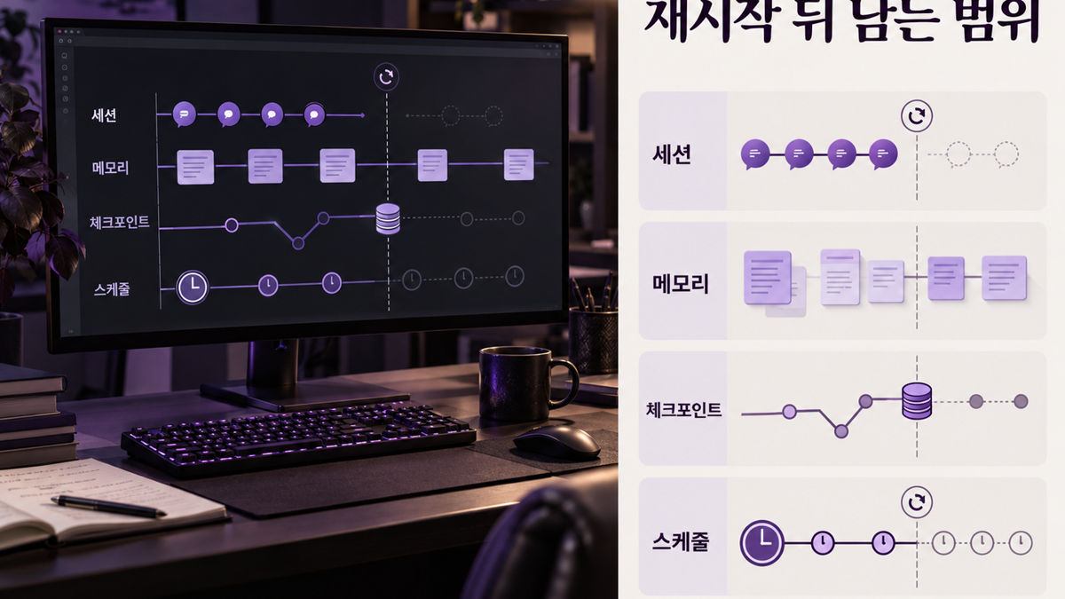 Kiro Crew 재시작 뒤 세션·메모리·체크포인트·스케줄의 확인 범위를 비교한 설명 이미지