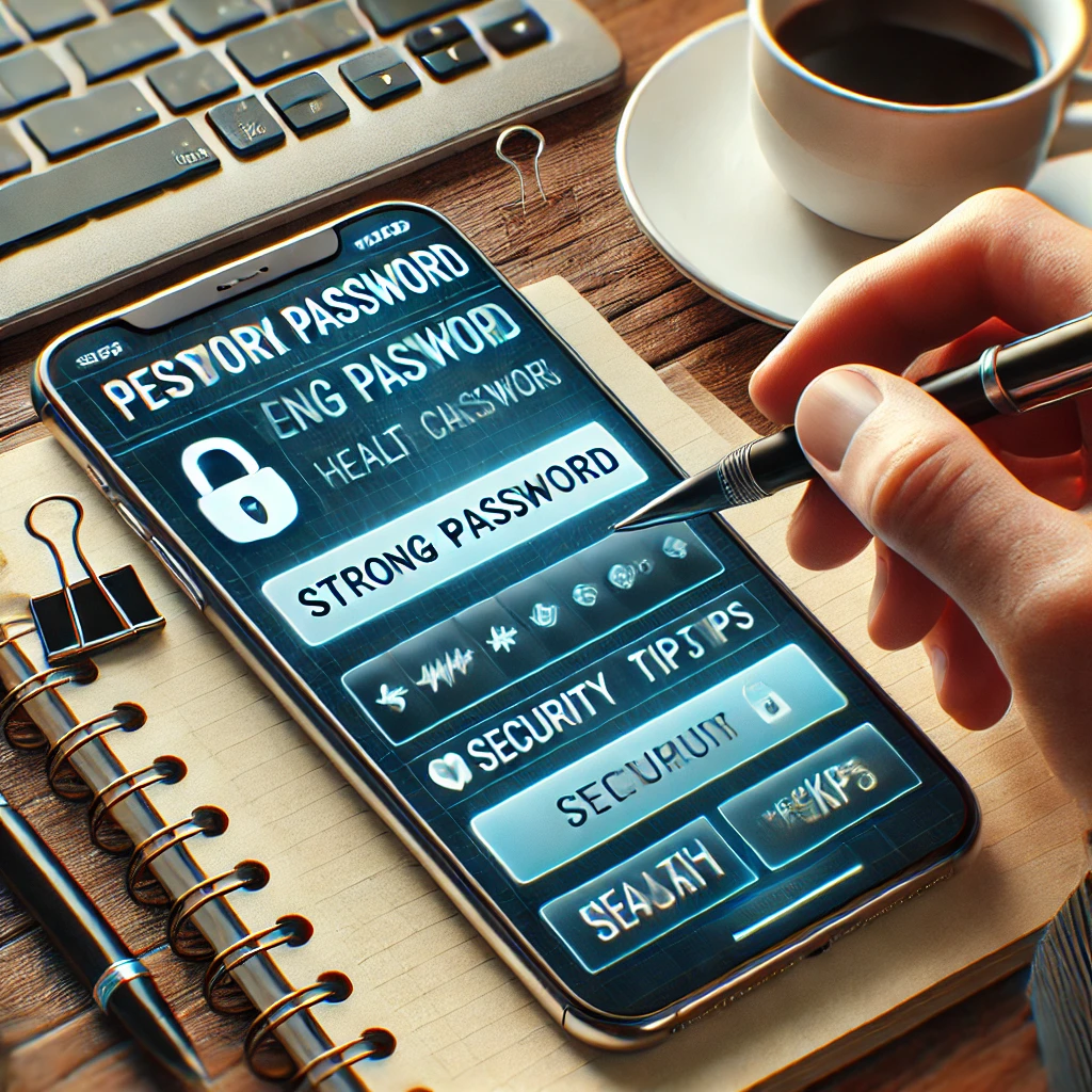 건강검진 앱의 강력한 비밀번호를 설정하는 사람. 화면에 비밀번호 생성 인터페이스와 보안 팁이 표시되어 있으며&amp;#44; 책상 위에 공책&amp;#44; 펜&amp;#44; 커피잔이 놓여 있는 모습
