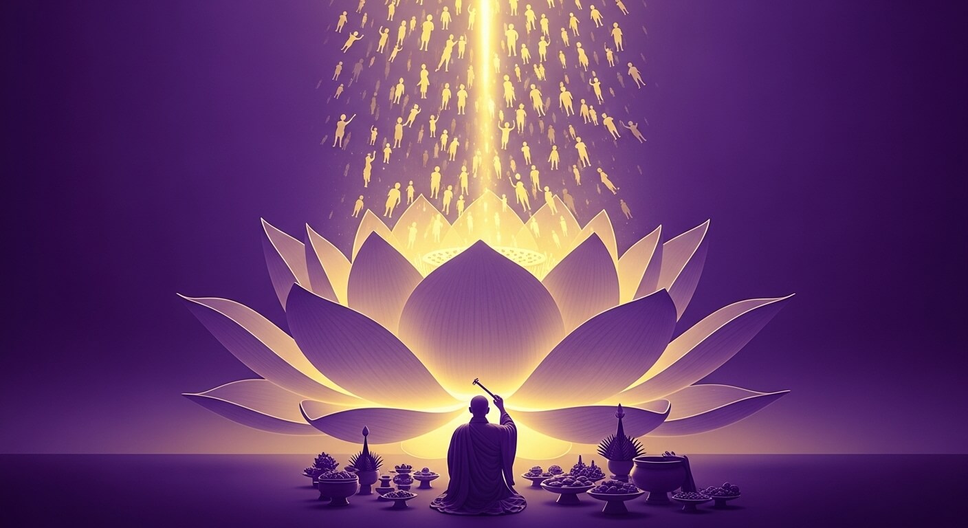 스님이 기도를 하고있고 영가들이 날아올라가는모습