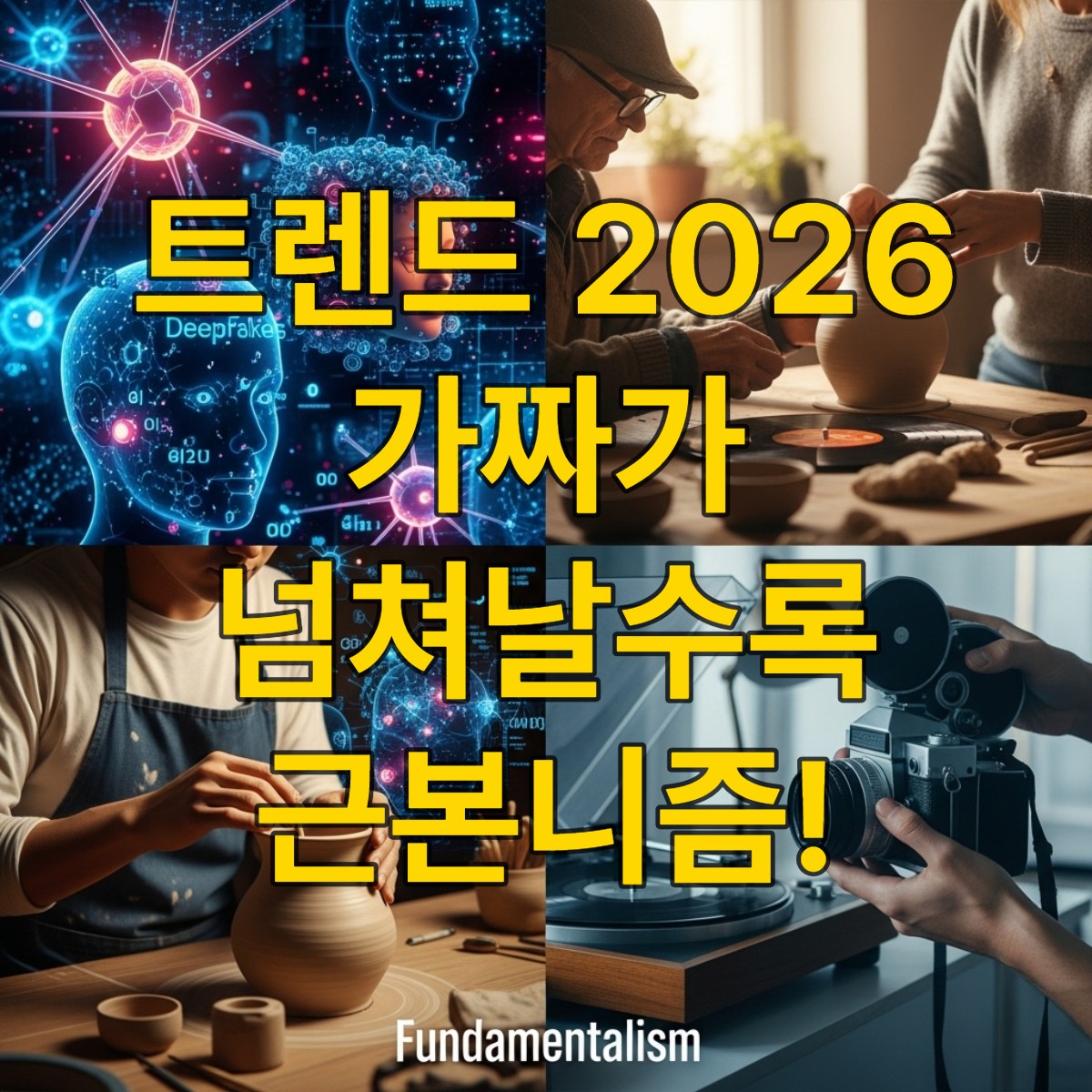 AI가 만든 가짜 정보와 딥페이크가 혼란스러운 디지털 풍경 한편에, 사람이 직접 만든 도자기와 필름 카메라, LP 레코드가 조화롭게 놓여 진정성을 상징하는 모습. 근본니즘 트렌드를 시각적으로 표현.