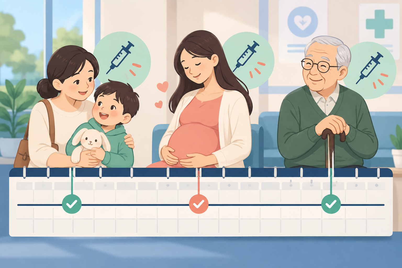 어린이 임신부와 어르신 연령대별 독감 무료접종 시작일 비교 그림