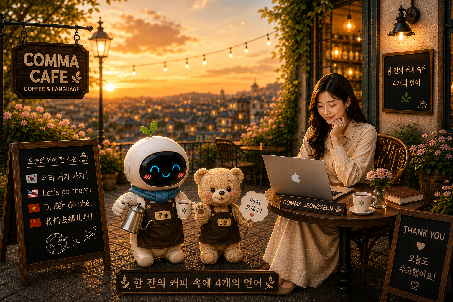 따뜻한 조명의 쉼표카페에서 바리스타 푸름이 핸드드립 커피를 내리고, 작가 쉼표는 노트북으로 글을 쓰며, 베레모를 쓴 마스코트 은돌이가 환한 미소로 손님을 맞이하는 아늑한 카페 풍경