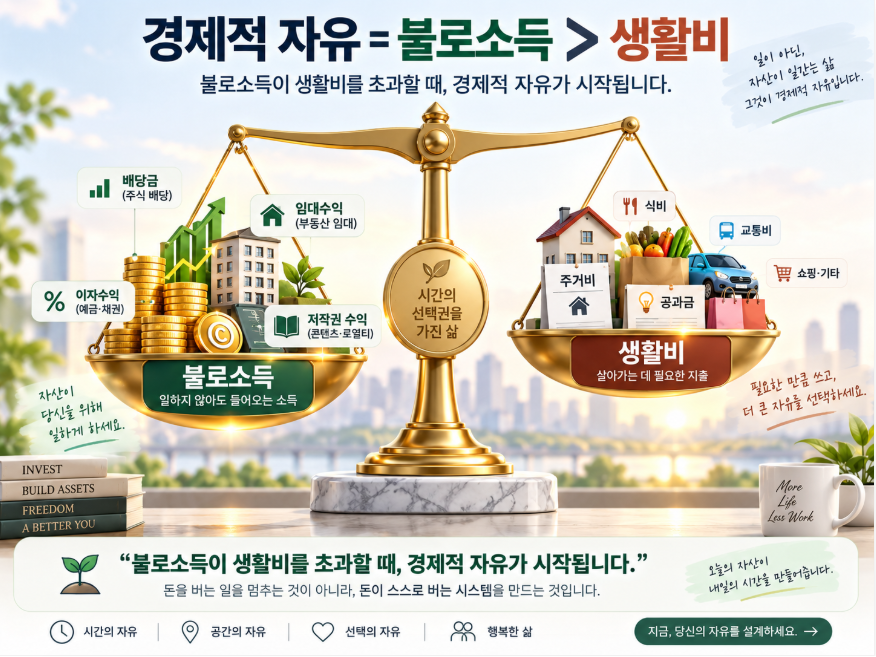 불로소득이 생활비를 초과할 때 성립하는 경제적 자유 공식을 표현한 저울 일러스트