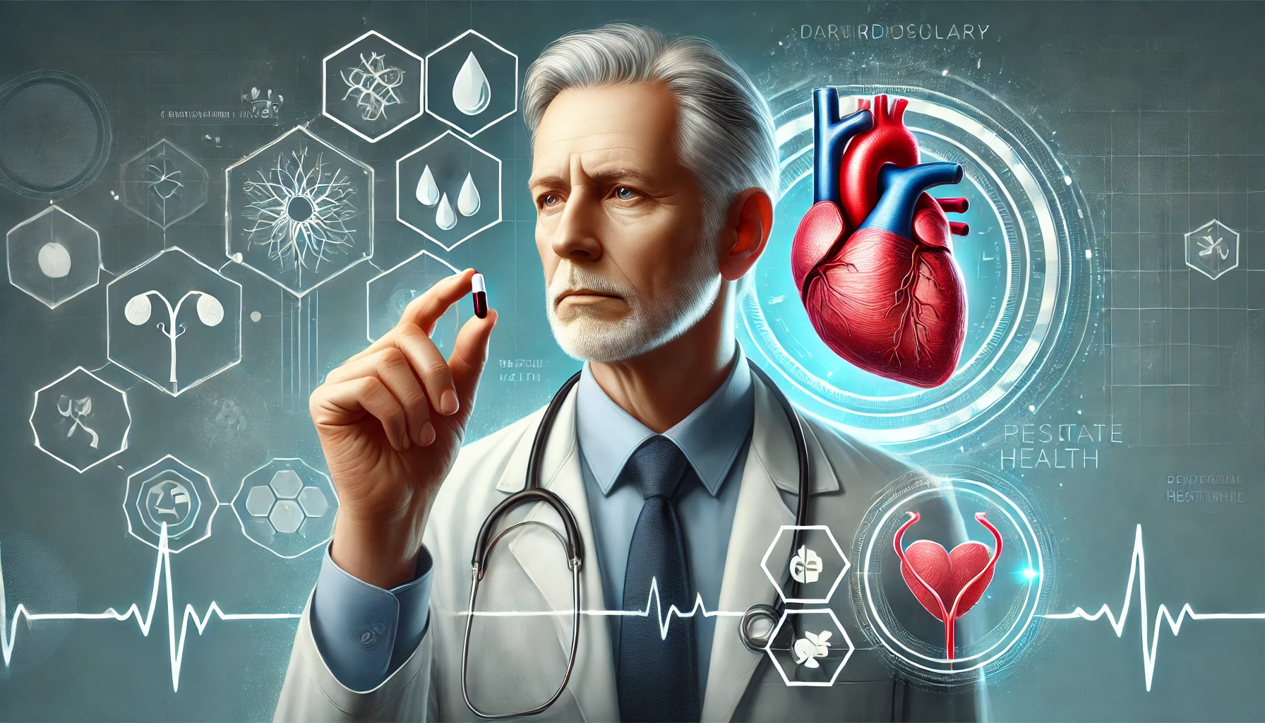 의사가 약을 보여주고 있다. 심장의 사진이 있다.