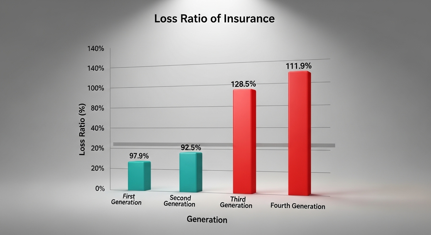 1/2세대(안정적 90%대)와 3/4세대(적자 110%+)의 손해율을 비교하는 막대그래프