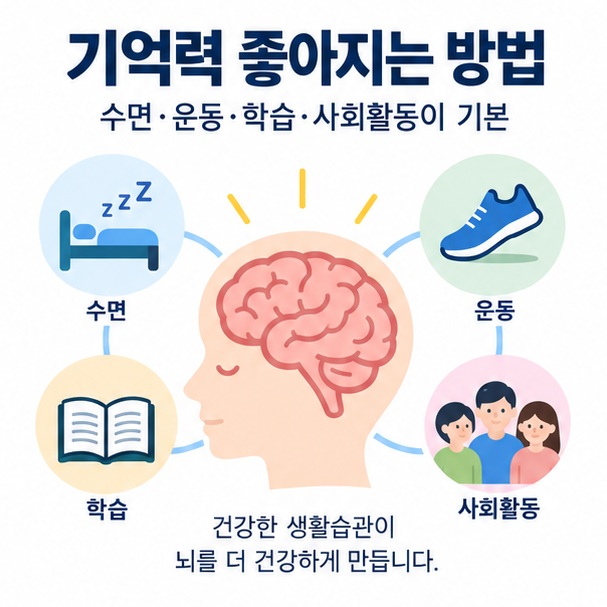 기억력 좋아지는 방법과 수면 운동 학습 사회활동 건강관리를 함께 보여주는 뇌 건강 교육 이미지