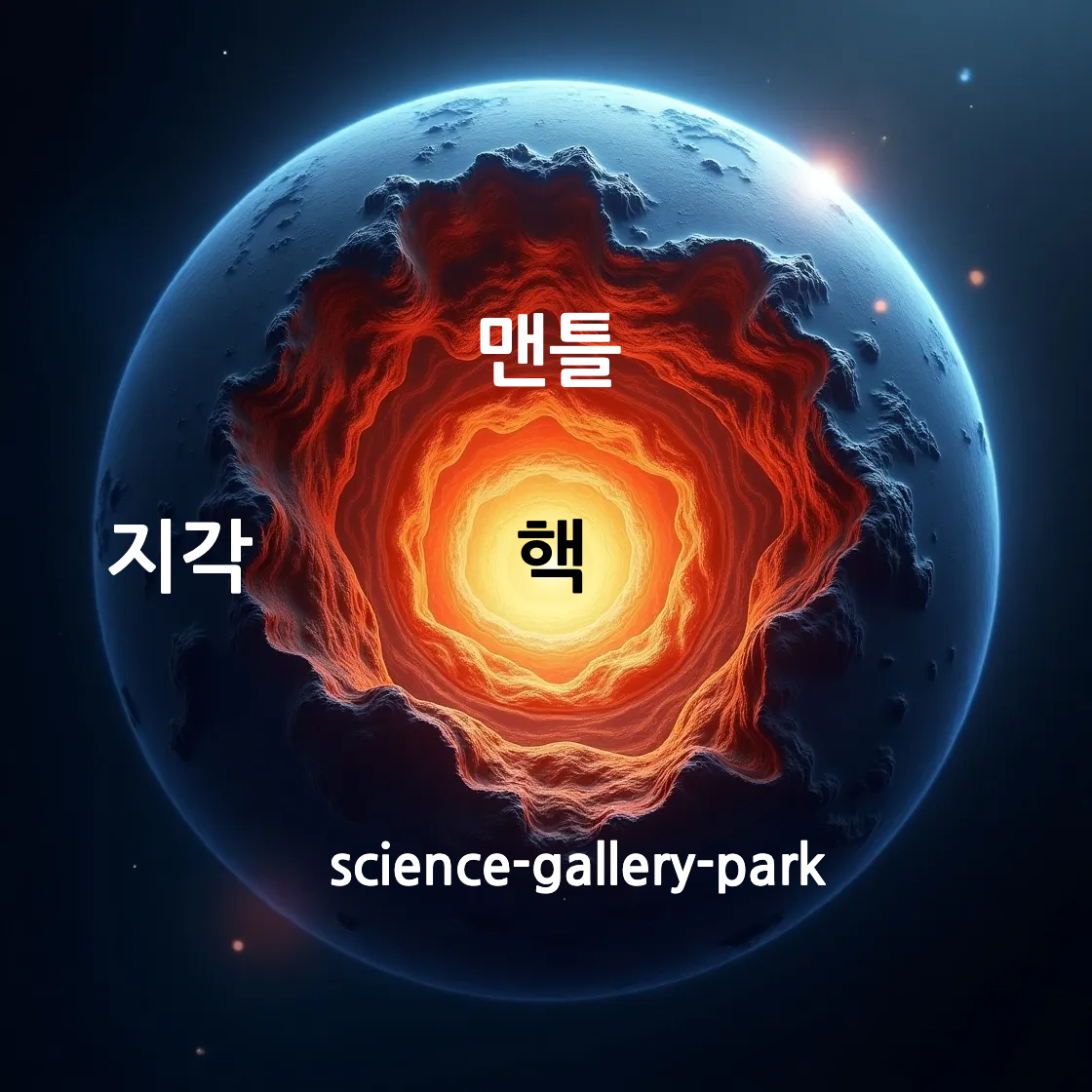 지구의 지각, 맨틀, 핵의 구조를 알려주는 이미지입니다.