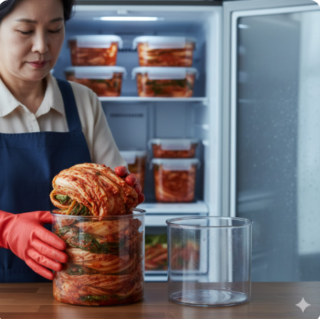 김장김치를 김치통에 차곡차곡 담아 김치냉장고에 넣는 이미지