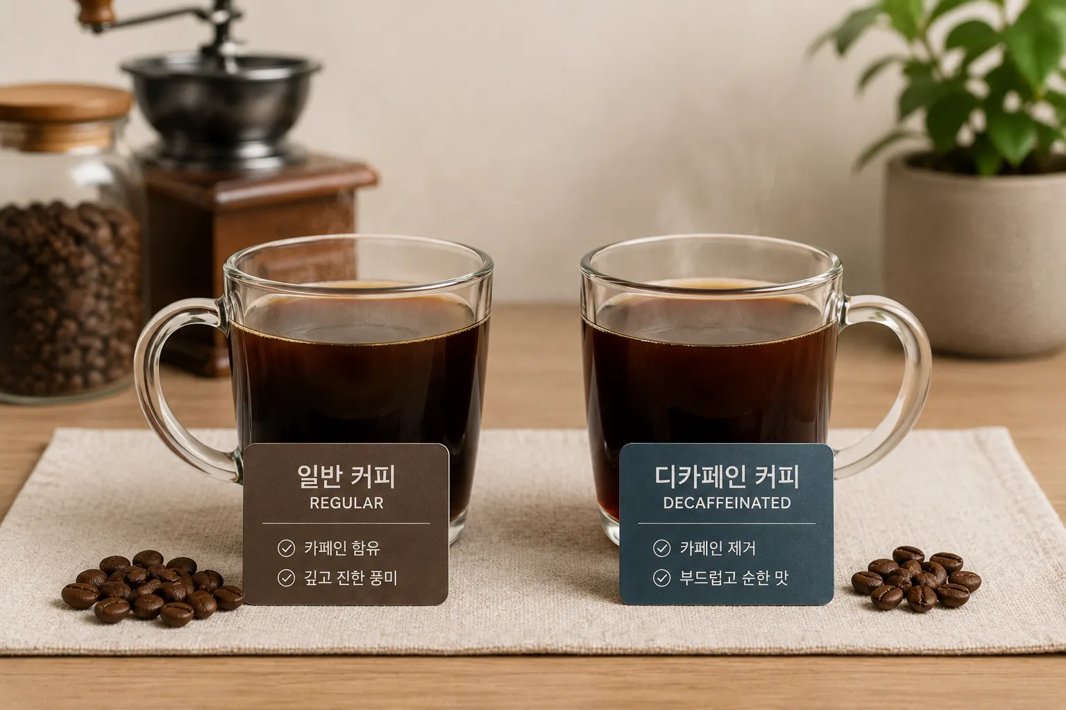일반 커피와 디카페인을 나란히 비교하는 모습