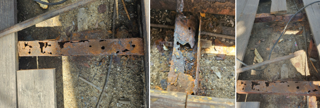 데크 버팀목 철근이 녹슬어서 파손된 사진