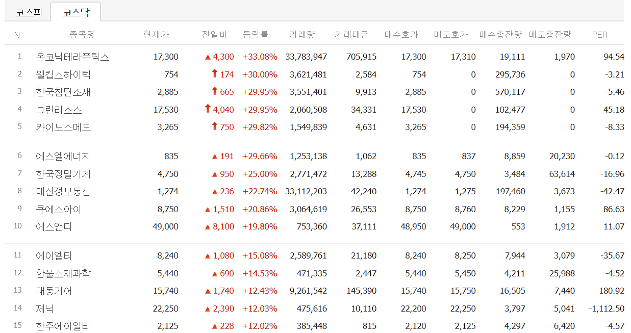 12월 19일 코스닥 상한가 및 급등주
