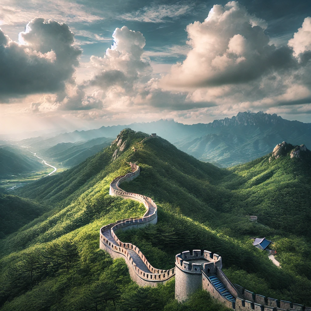 금강산성의 오래된 돌벽이 푸른 숲을 가로지르며 펼쳐진 장면