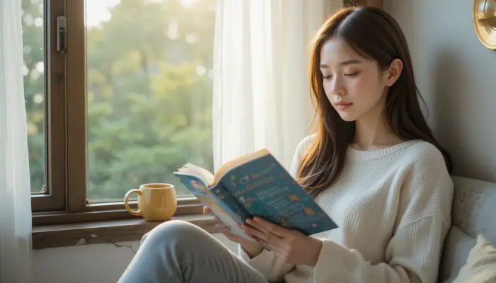 아침 햇살 아래 창가에서 독서하는 여성
