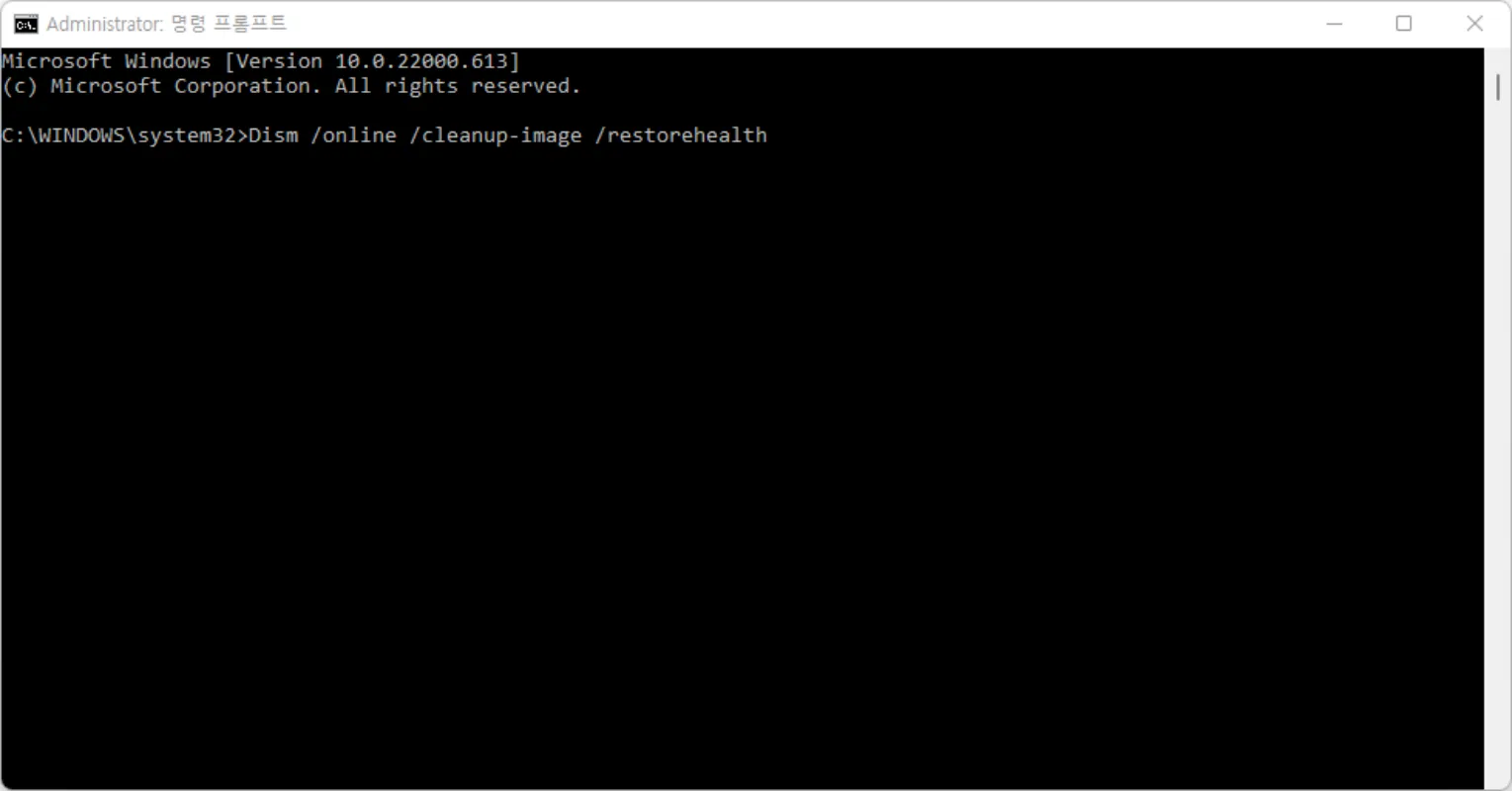 Dism /online /cleanup-image /restorehealth 명령 실행 예시