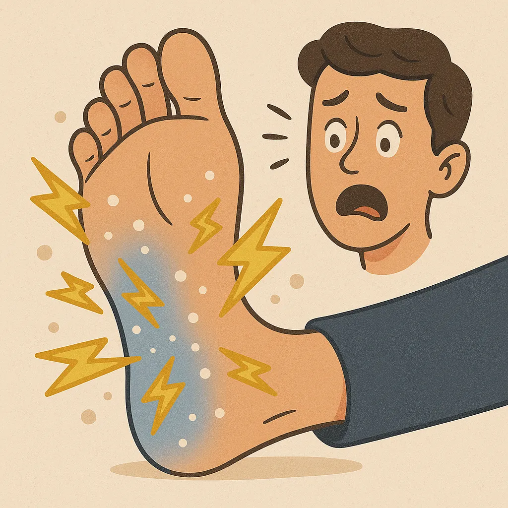 발이-저리는-원리를-표현한-일러스트로,-남성이-놀란-표정으로-발의-저림을-느끼는-모습과-전기-자극을-상징하는-번개-표현이-함께-그려져-감각-이상을-시각적으로-설명함.
