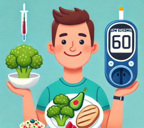 양손에 각각 혈당기와 야채를 들고 있는 이미지