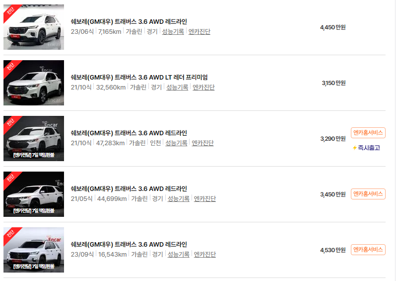 쉐보레 트래버스 중고차 가격 시세표 24년10월