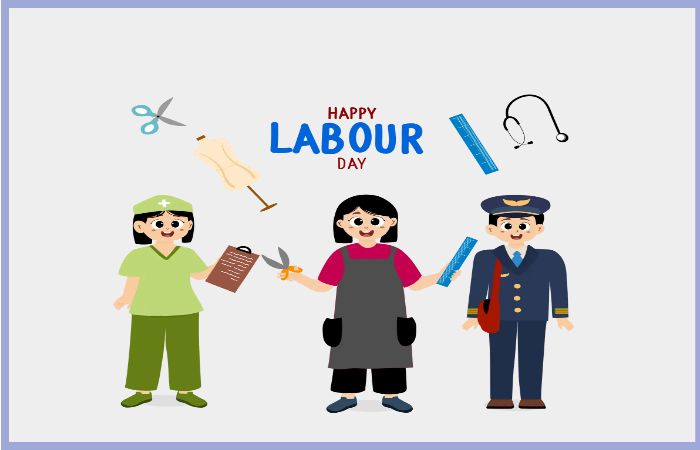 간호사, 재단사, 항공 승무원 복장을 한 여성과 남성이 등장하며 노동절을 축하하는 일러스트
