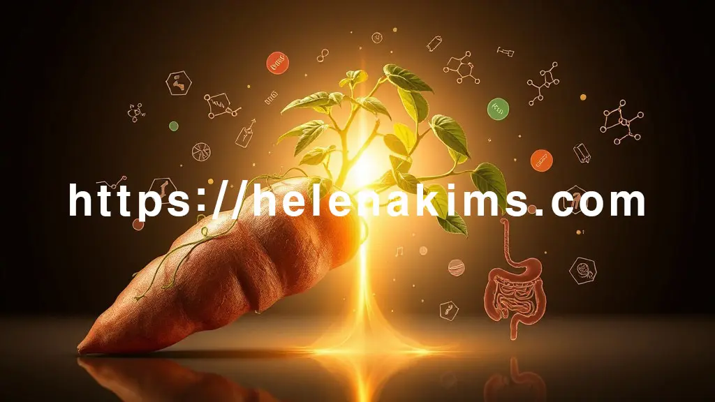 한쪽엔 일반 고구마, 다른 쪽엔 더 밝게 빛나는 고구마순이 대비된다. 고구마순 주위로 비타민, 단백질, 항산화 분자들이 역동적으로 퍼져나가며, 건강한 혈관과 장을 암시하는 아이콘 이미지.