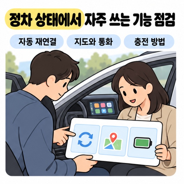 정차 상태에서 기능을 점검하라는 안내 아래 두 사람이 열린 차 문 옆에서 재연결과 지도 및 충전 관련 그림이 있는 안내판을 확인하는 모습