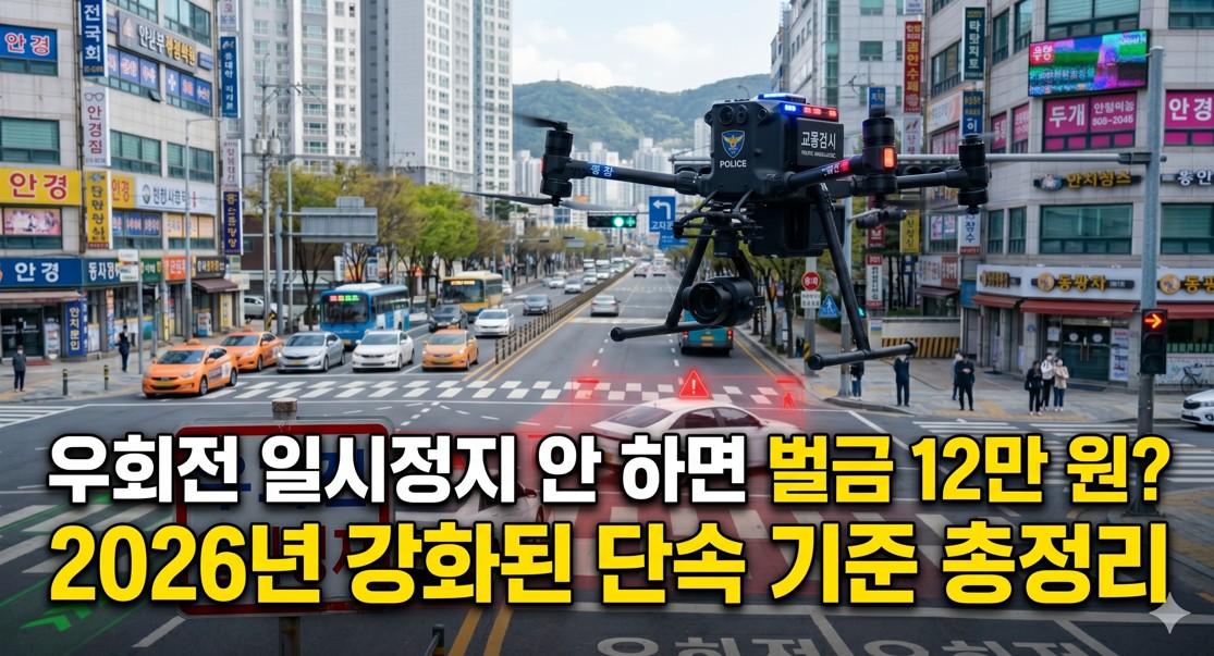 경찰 드론이 도로 위를 비행하며 교통 흐름을 감시하는 하이테크한 장면