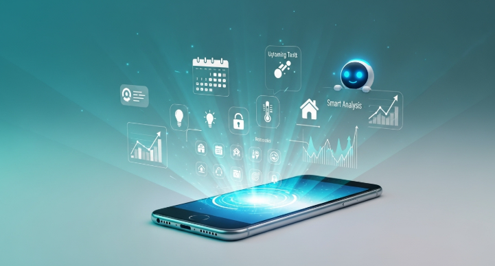 스마트폰 화면에서 뿜어져 나오는 AI 자동화 기능들을 시각화한 이미지, 개인 비서처럼 생활을 관리하는 모습.