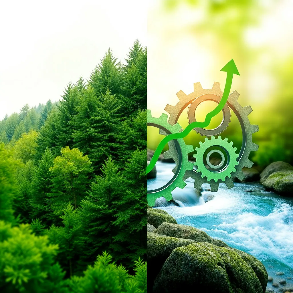 한쪽에는 푸른 숲과 깨끗한 물, 다른 한쪽에는 톱니바퀴나 성장하는 그래프가 결합된 이미지입니다. 환경과 경제가 서로 상생하는 개념을 시각적으로 표현합니다.