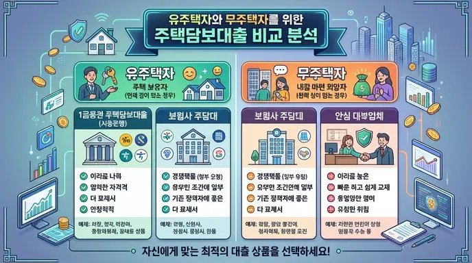 유주택자와 무주택자의 상황에 맞게 1금융권 주택담보대출, 보험사 주담대, 안심 대부업체를 비교 분석하는 이미지