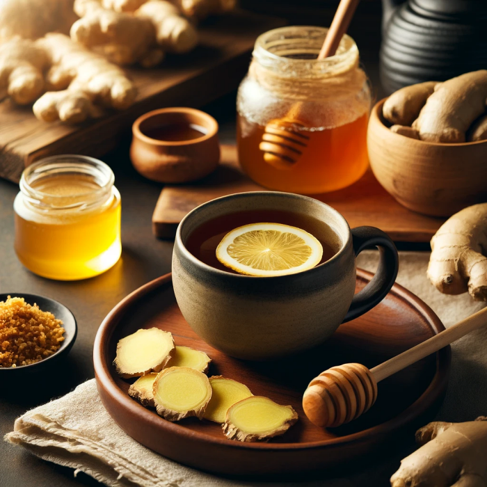 다진 생강과 꿀이 곁들여진 생강차