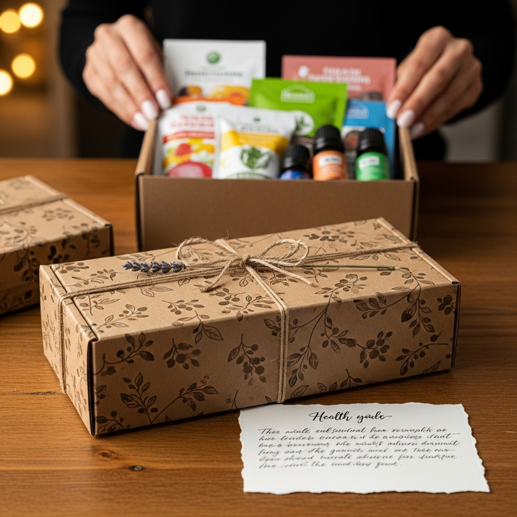 정성껏 포장된 건강기능식품 선물 상자와 손글씨 카드가 놓여 있고, 배경에는 선물을 준비하는 손길이 보이는 모습.2