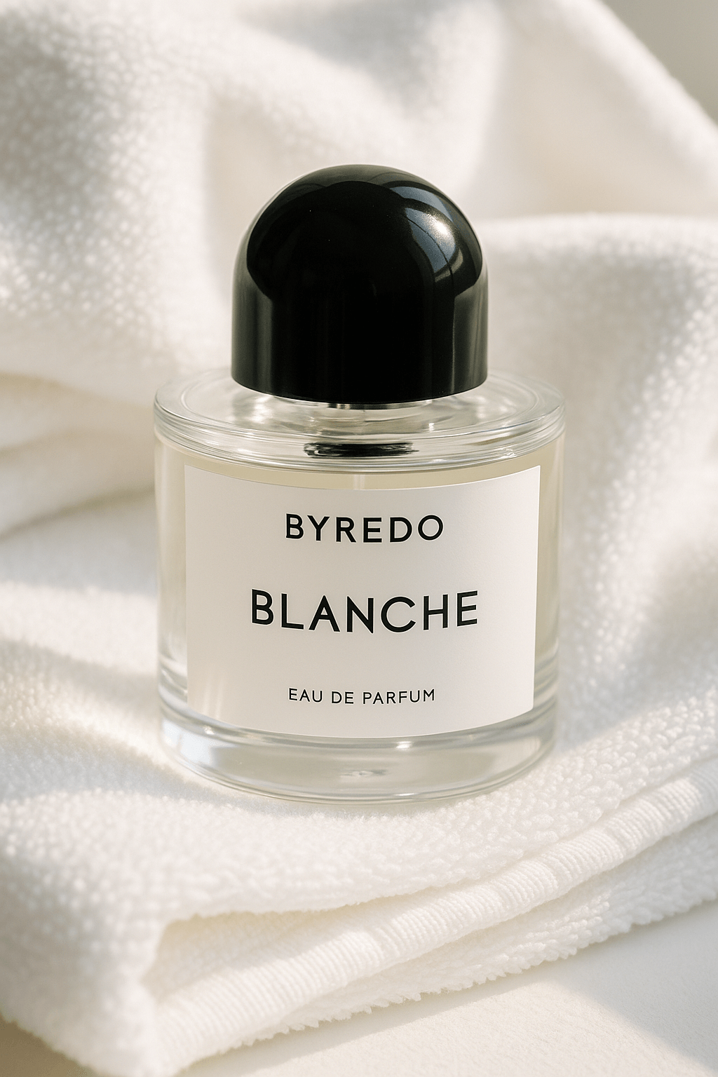 부드러운 아침 햇살 아래, 새하얀 면 타월 위에 놓인 BYREDO Blanche 50 ml 향수 병을 고해상도로 포착한 클로즈업 이미지. 투명한 유리병과 검은 반구형 캡이 미니멀하고 고급스러운 분위기를 강조한다